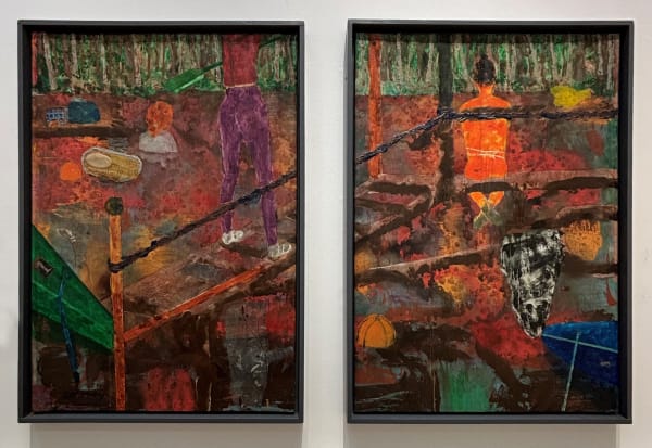 Francis Convery RSA North Esk kayakers, 2025 Mixed media 146 x 208 cm