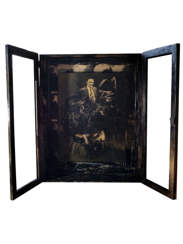 Sara Alonso A Cry For Your Nonexistent Grave, 2020 Toned cyanotype print on Arches paper, entombed on beeswax. Collage and assemblage on found object. 140 x 92 x 21 cm