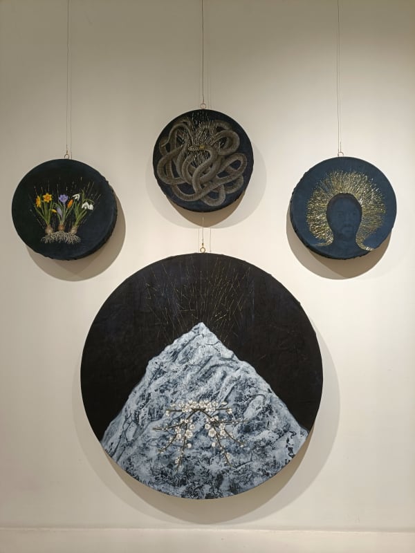 Izi Coonagh Hope For a Future Land, 2025 Acrylic paint, lurex thread, calico, wood form Dia 80cm x 1, dia 36cm x 3