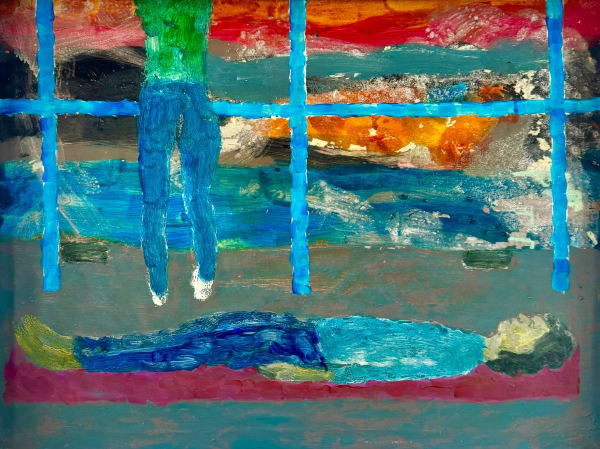 Francis Convery RSA Airport Lounge (purple yoga mat), 2025 Mixed media 49 x 64 cm