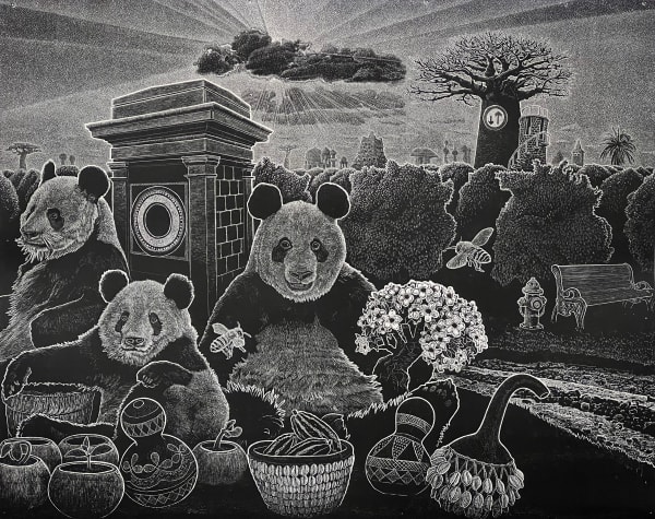 Ade Adesina RSA Cradle, 2022 Linocut Image: 82.5 x 102.5 cm Framed: 113 x 128.5 cm Edition of 30