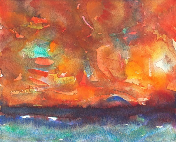 John Houston RSA Untitled (Orange and Teal Bass Rock) Watercolour on paper Image: 15 x 18 cm Frame: 35 x 37.5 cm