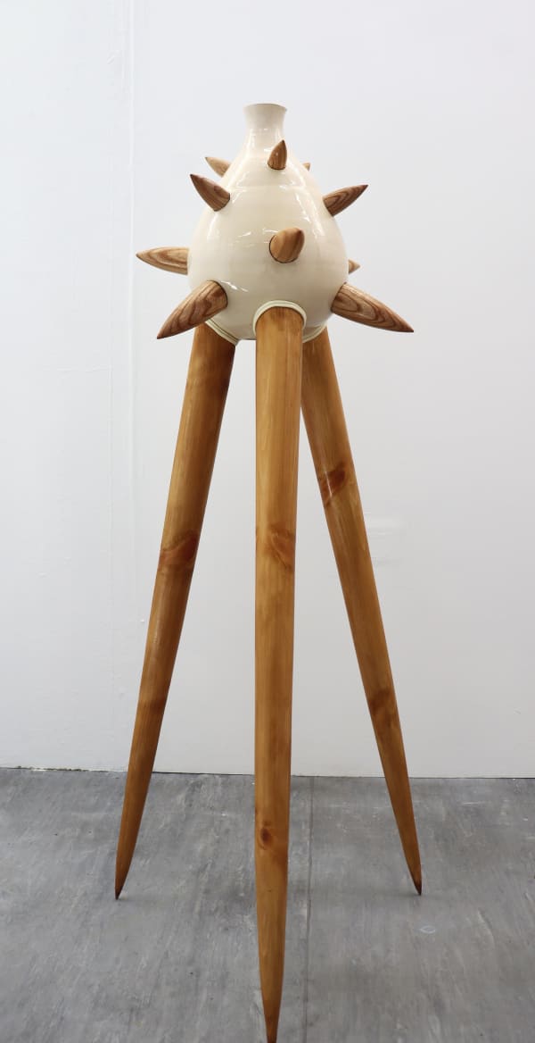 Aimie Harding Sprouting Specimen B: Sound Pod, 2024 earthenware ceramic, ash wood, redwood pine, danish oil, electronic speaker, cord 51 x 50 x 120 cm