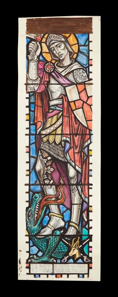William Wilson RSA Cartoon for stained glass, In Memory of Major General William Henry Evered Poole' (1902-69): St George and the Dragon, undated Pencil and watercolour 157 x 42 cm