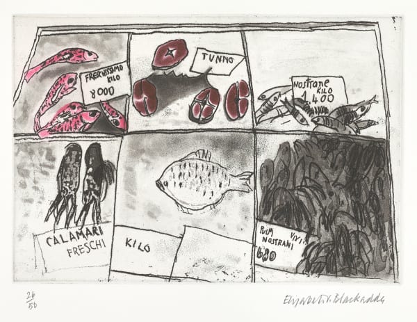 Elizabeth Blackadder RSA Fish Market - Venice, 2012 Etching 35 x 42 cm Edition of 50 plus 1 artist's proof