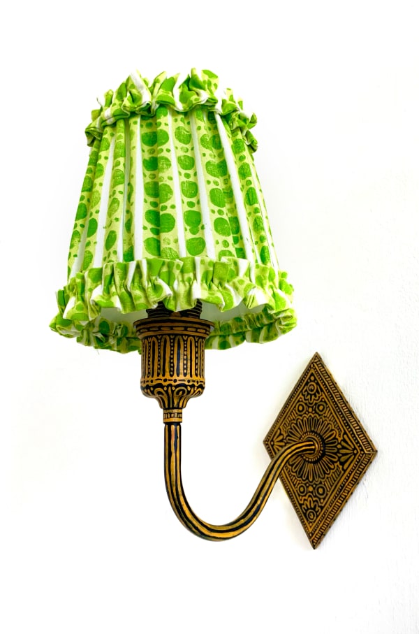 Tallulah Batley Pink Parlour sconce, with shade, 2024 Aluminium light sconce, MDF, gesso. gouache, wax, digital and lino printed cotton Sconce: 21 x 19 x 12 cm Shade: 16 x 17 x 17 cm Edition of 3