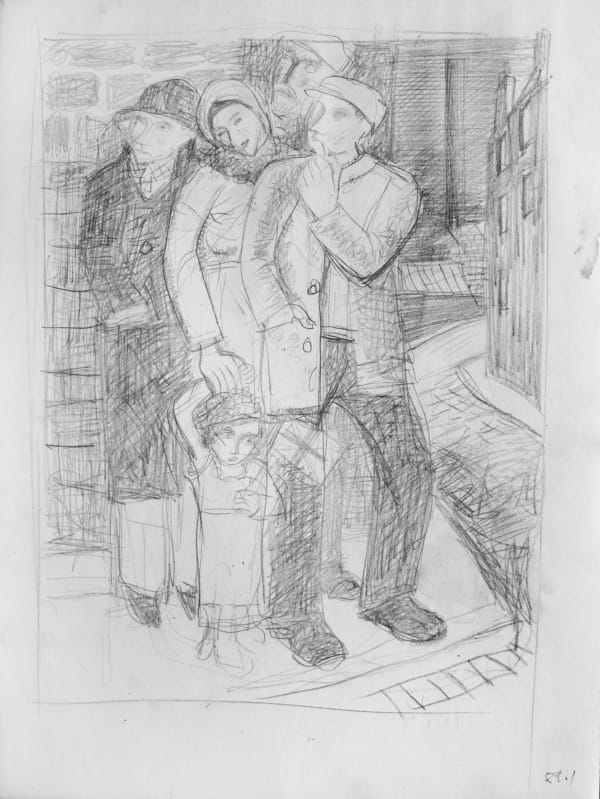 William Wilson RSA Sketchbook - study for War-time Figure Group, around 1939-40 Pencil on paper 23 x 17.5 cm [28.3 x 22 cm]