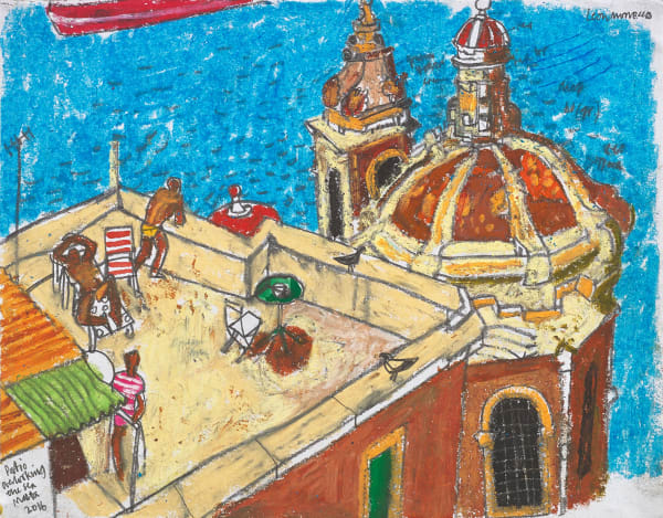 Leon Morrocco RSA Patio Overlooking Sea, Malta, 2016 Graphite and oil pastel on paper Artwork: 22 x 28 cm Framed: 42 x 47 cm