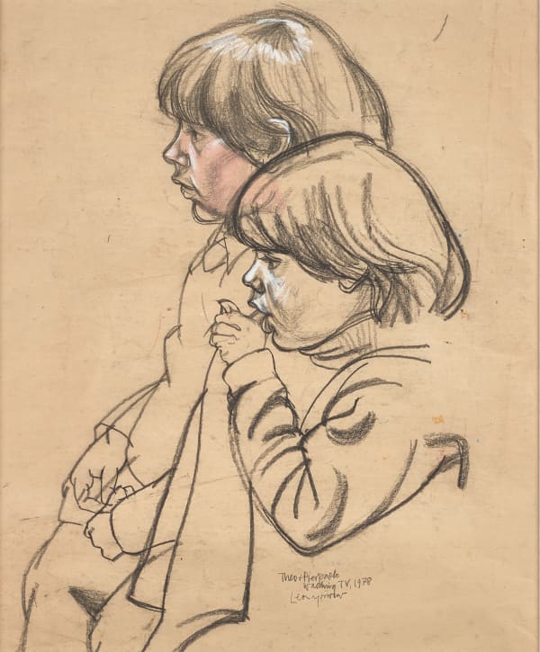 Leon Morrocco RSA Theo and Pierpaolo watching TV, 1978 Pencil on paper Artwork: 46.5 x 38.5 cm Framed: 77 x 63.5 cm