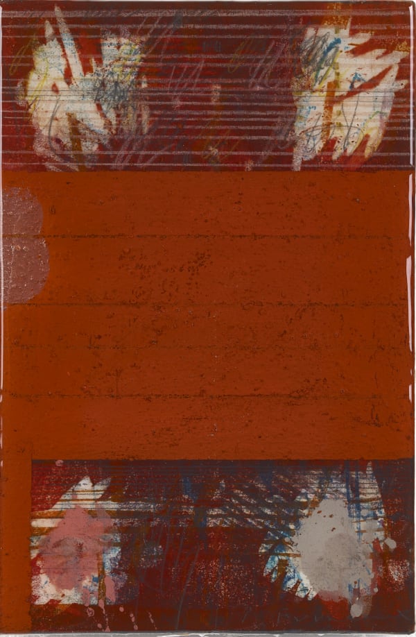 Paul Furneaux RSA Untitled Brick Red 1 Mokuhanga, pigment, crayon and pencil on panel with resin 22.5 x 15 cm