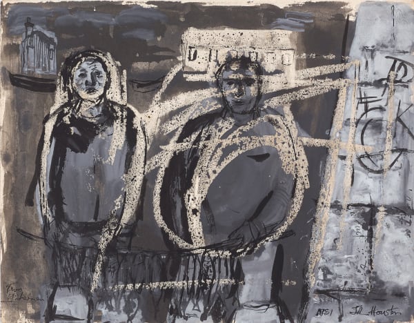 John Houston RSA Untitled (Two Fishermen, Methil Docks), 1951 Ink, gouache, wax resist on paper 18 x 23 cm