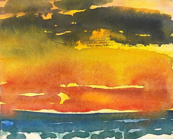 John Houston RSA Untitled (Red Yellow and Black Sky over Blue Sea) Watercolour on paper Image: 14 x 18 cm Frame: 35 x 37 cm