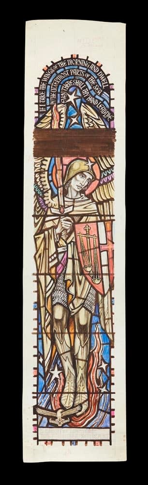 William Wilson RSA Cartoon for stained glass, In Memory of Lieutenant Ian F.D. Robertson S.A.A.F (1919-43): St Michael , undated Pencil and watercolour Support: 228.7 x 51 cm Sight: 202 x 40.1 cm