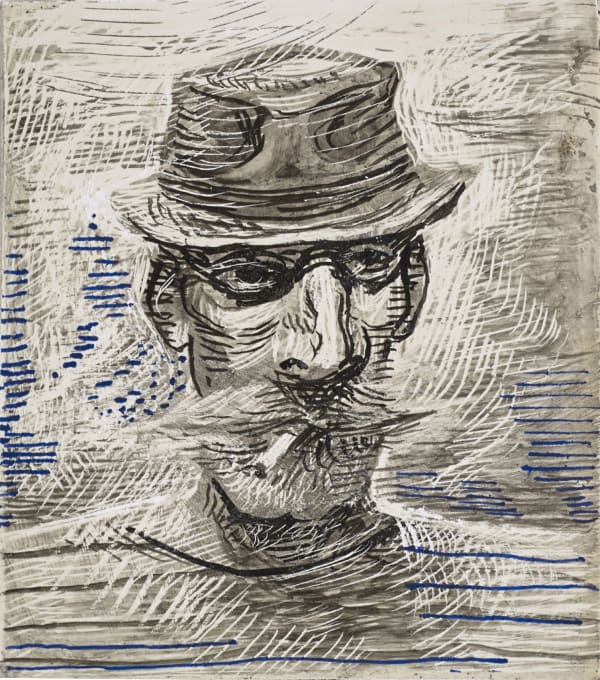 John Byrne RSA Self-Portrait in Yellow Hat, 2018 Indian ink on scraperboard 10 x 8 cm