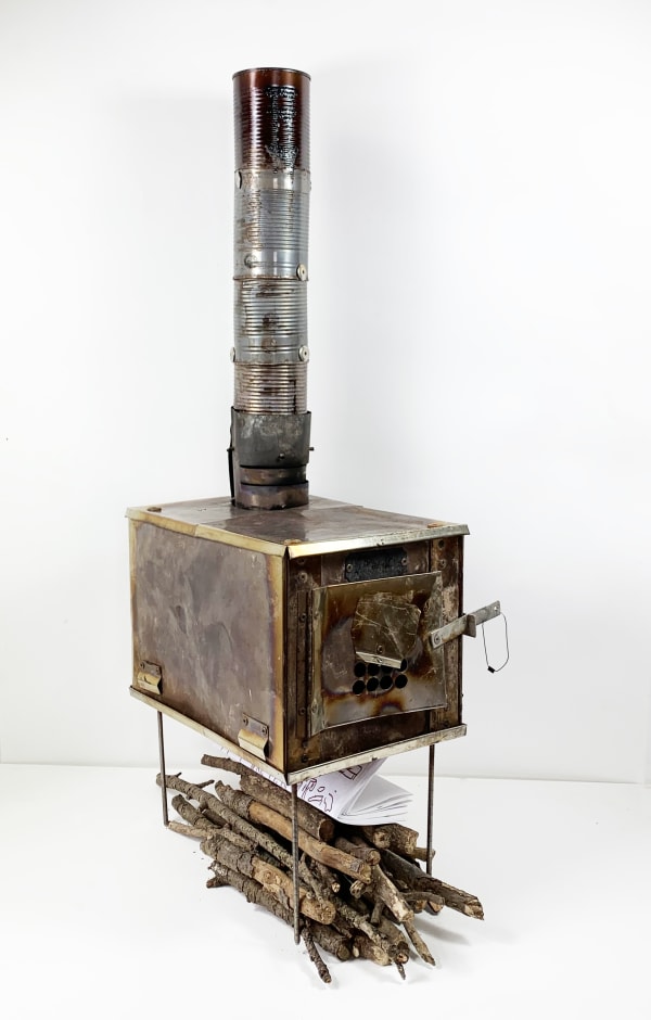 Edward Summerton RSA The Ben William, 2020 stainless steel, steel, tin, wood from an ospreys nest, 10 folded sheets of paper with drawings (ink and pencil) 62 x 29 x 22 cm