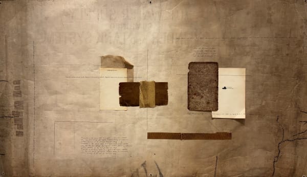 Mia Gwenllian The Discernment of a Spirit, 2025 Collage, embroidery, text, and archival registrars ink on Edwardian fabric 134 x 78 cm