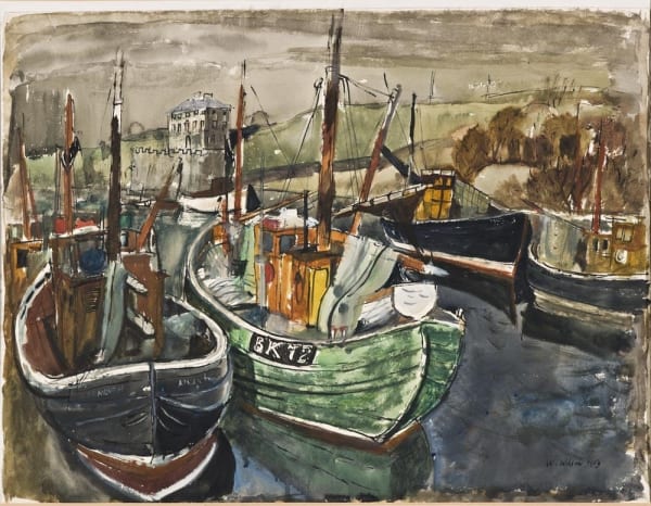 William Wilson RSA Boats, Eyemouth, 1953 Ink and watercolour Sight: 48 x 63 cm Framed: 77 x 89.3 cm