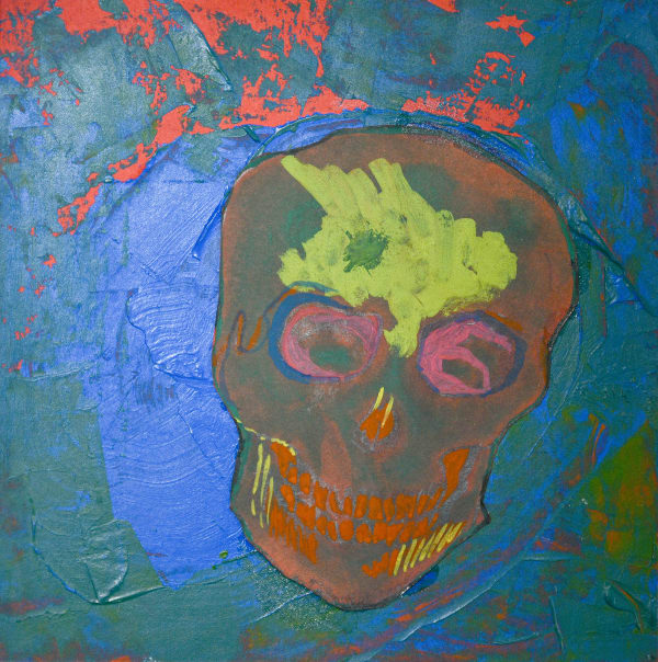 Sam Ainsley RSA Smiling Skull Mixed media, collage and gouache Artwork: 14.5 x 14.5 cm