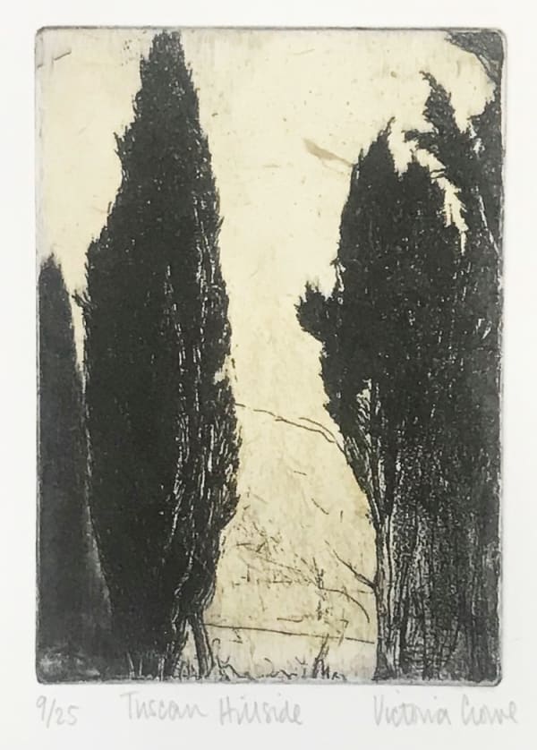 Victoria Crowe RSA Tuscan Hillside Intaglio and chine collé Image size: 14 x 9.5 cm Paper size: 37.5 x 27.5 cm Frame size: 45 x 35.5 cm Edition of 25