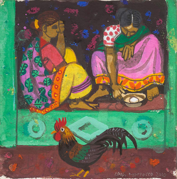 Leon Morrocco RSA Two Market Women and Cockerel, Kolkata, 2010 Gouache and pastel Artwork: 15.5 x 15.5 cm Framed: 35.5 x 34 cm