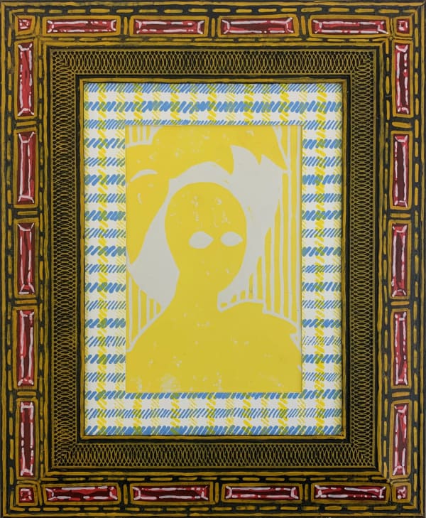 Tallulah Batley Pink Parlour Frame 4G, 2025 Picture frame, gesso, gouache, paint pen, lino print, screen print 24 x 29 cm