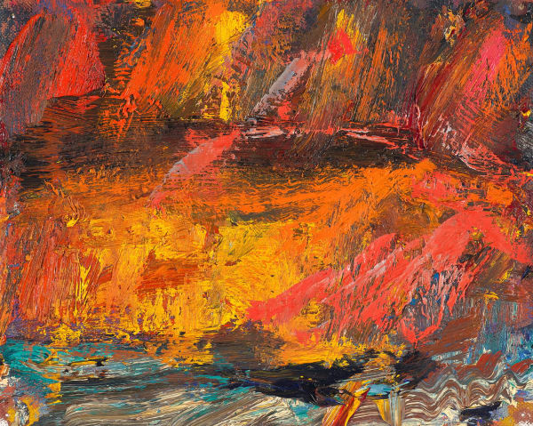 John Houston RSA Untitled (Yellow and Red Abstract Landscape) Oil on unstretched canvas Image: 20 x 25 cm Frame: 41 x 45 cm