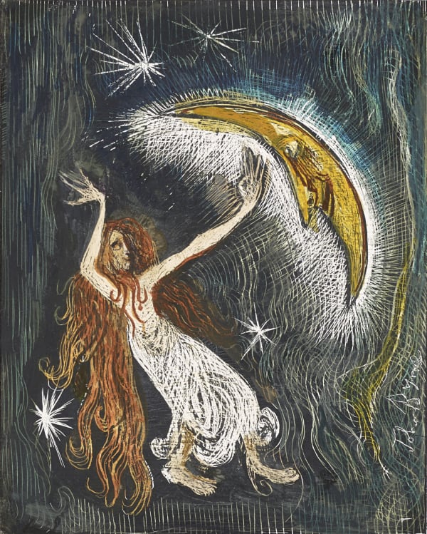 John Byrne RSA Moonglow, 2018 watercolour on scraperboard 14 x 11 cm