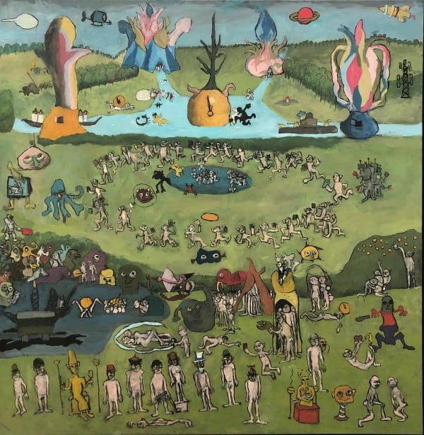 Jamie Scott On With the Show Oil and charcoal on linen 150 x 150 cm