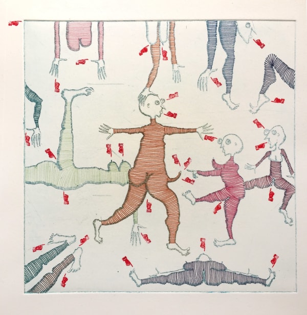 Flore Gardner Press Here Please, 2022 Unique etching, hand finished with pen and stamps Paper: 19 x 19 cm Frame: 30 x 30 cm