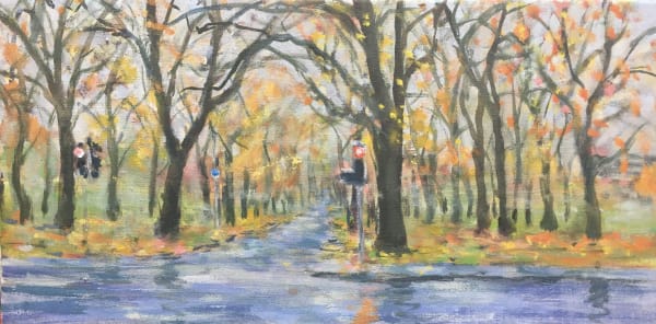 Henry Kondracki RSA Come autumn, sae pensive, in yellow and grey Oil on canvas 25 x 51 cm