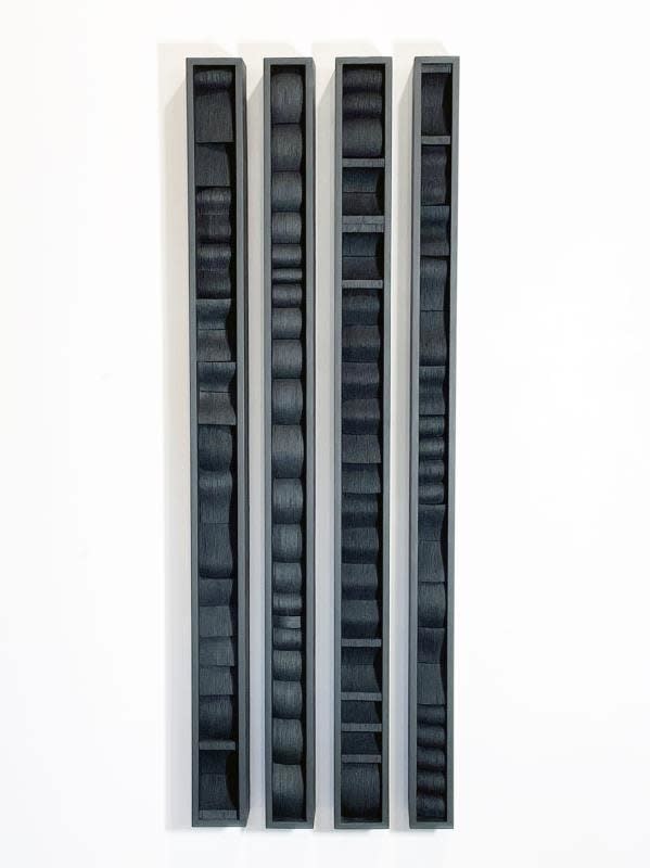 Julia Gardiner Long Shadows, 2025 Handmade paper, acrylic paint and mdf 100 x 35 x 8 cm