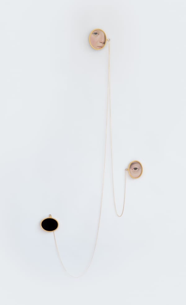 Derrick Guild RSA Danse Macabre Oil on canvas ovals beside single black velvet oval, fine gold plate chain Variable