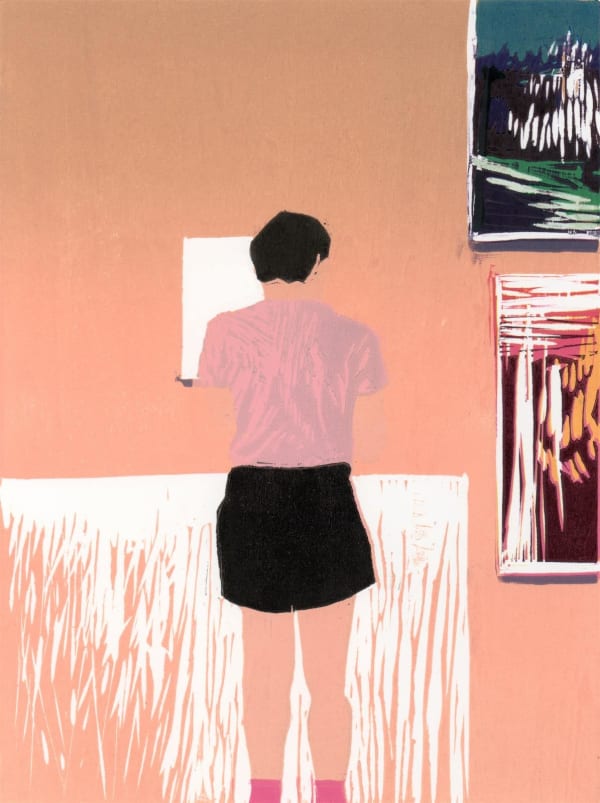 Alistair Gow Lean In, 2023 Reduction woodcut Unframed: 41 x 33 x 1 cm Framed: 46 x 38 x 4 cm Edition of 10