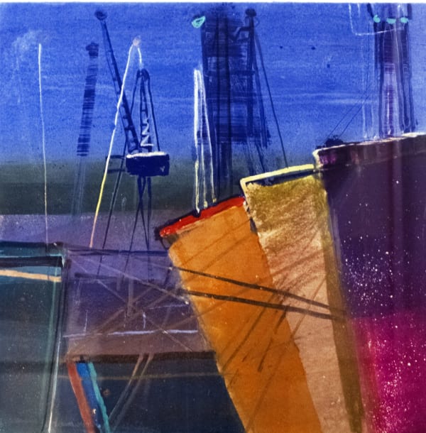 Barbara Rae RSA Harbour Loading Monotype 77 x 65 cm