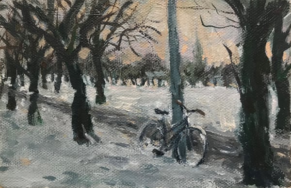 Henry Kondracki RSA Bike in the Snow, The Meadows Oil on canvas 10 x 15 cm