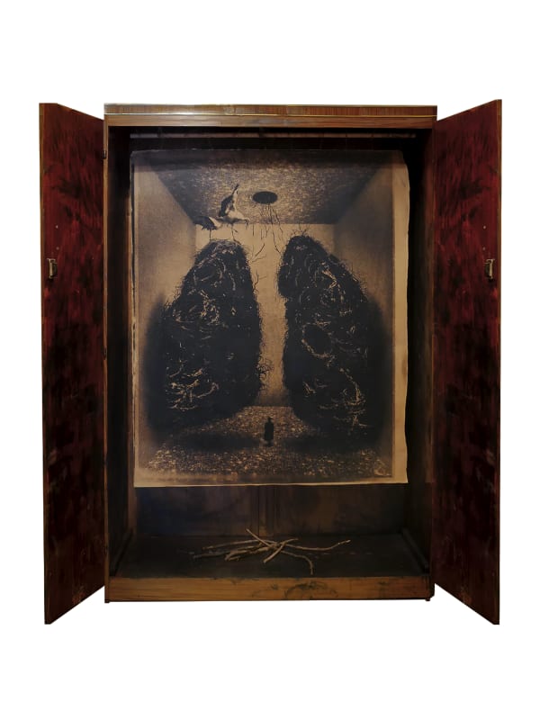 Sara Alonso Your Sigh Migrated to The North, 2020 Toned cyanotype print on Arches paper, entombed on beeswax. Collage and assemblage on found object. 192 x 170 x 50 cm