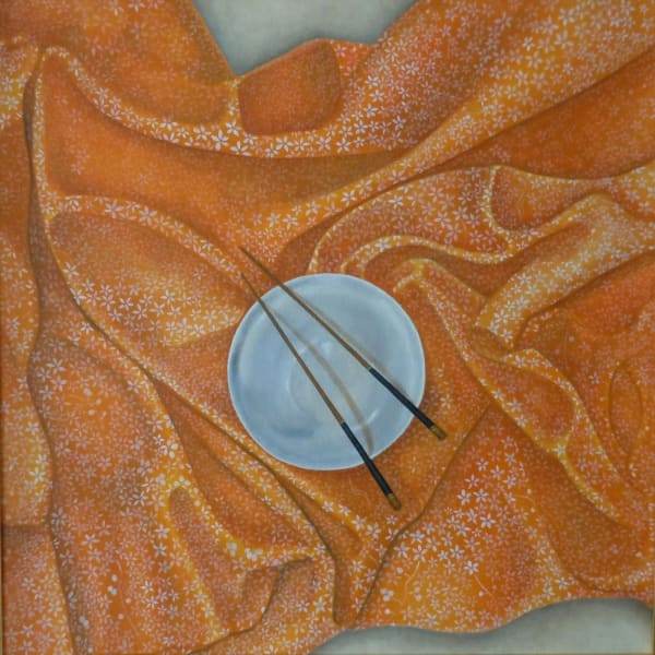 Deborah Cumming Chopsticks and fabric, 2022 Oil on canvas board Unframed: 50 x 50 x 2 cm Framed: 60 x 60 x 4 cm