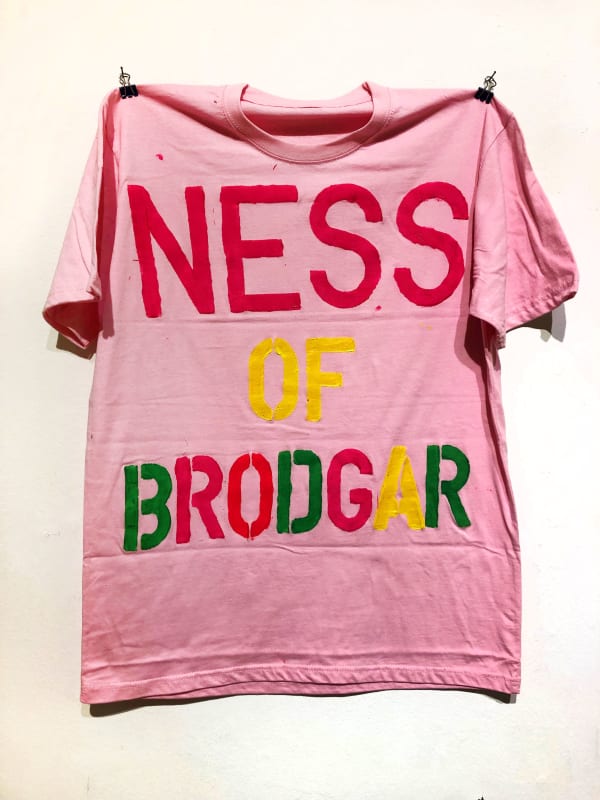 Ross Sinclair RSA (Elect) Real Life Orcadian Neolithic Souvenir Tour T-Shirt Painting No 2. : NESS OF BRODGAR Painted t-shirt 72 x 72 cm