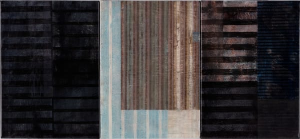 Paul Furneaux RSA Black Window Mokuhanga on three panels with resin 44.5 x 96 x 2 cm