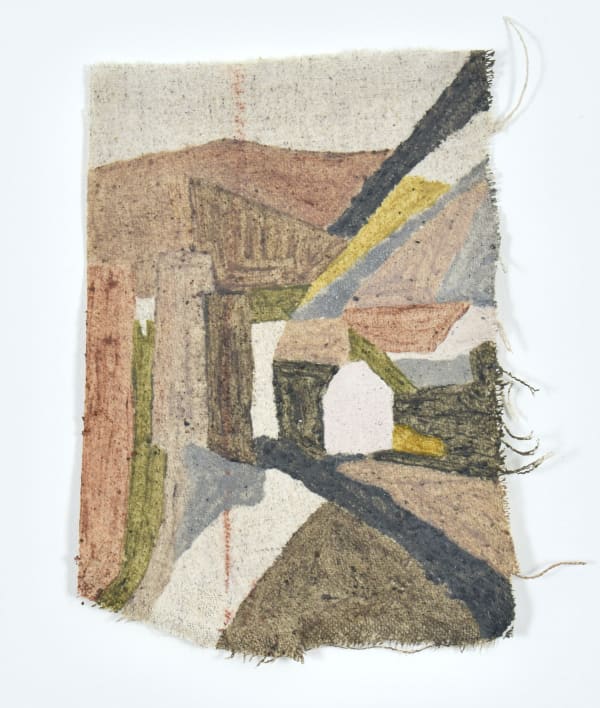 Siobhan McLaughlin Fragment of the Five Sisters II, 2025 Earth pigments from Five Sisters shale, earth pigment from Gunwalloe and oil paint on remnant linen 15 x 13 cm