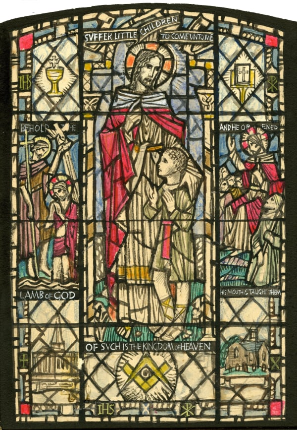 William Wilson RSA Design for stained glass - Memorial to the late Rev. Geo. H. Grant B.D - West Church, Inverness, 1948 Coloured inks 17.5 x 12.5 cm