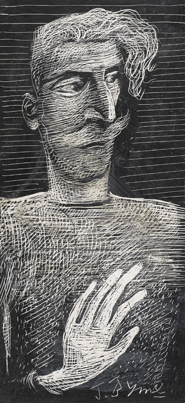 John Byrne RSA Hang on a mo', 2018 Indian Ink on scraper board 17 x 8 cm