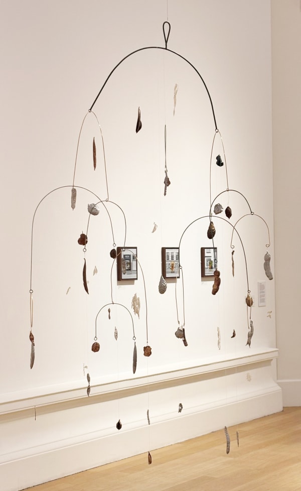 Fiona Goss Usawa wa mimea (botanical balance), 2025 Bronze, aluminium, pewter, porcelain, wax, seeds, brass rod and fishing line 228 x 160 x 160 cm