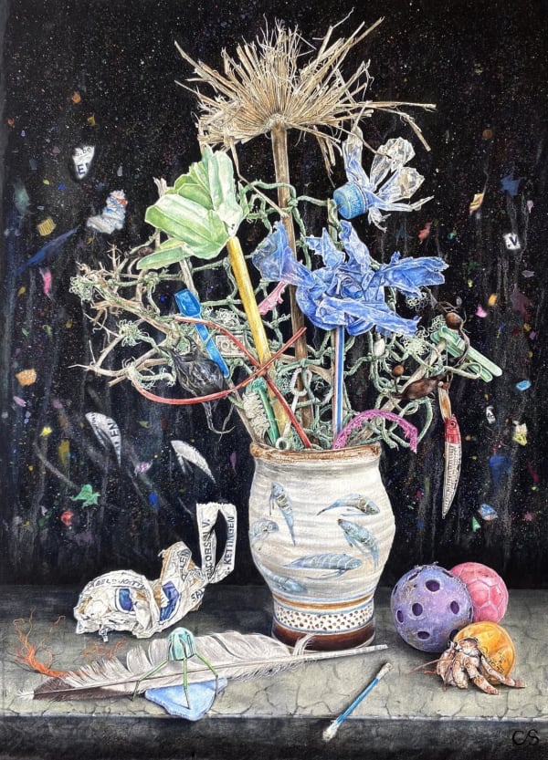 Claire Sparkes - Beach Bouquet in a Fish Vase with Plastic Soup, 2024