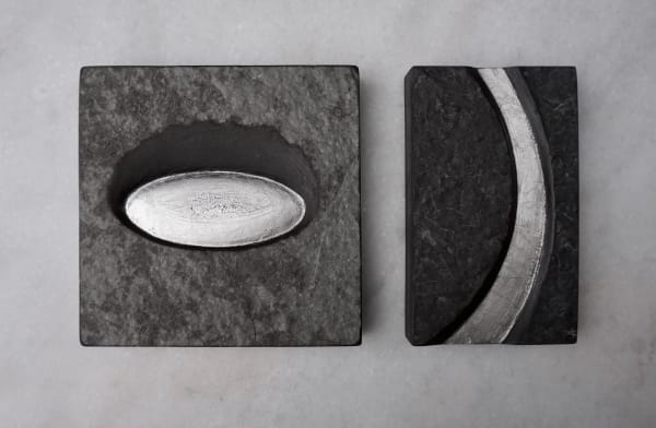 Mary Bourne RSA Pooling/Streaming, 2020 Caithness flagstone and palladium leaf 15 x 24 x 2 cm 2 sections: 15 x 15 x 2cm and 15 x 9 x 2 cm