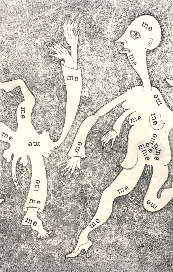 Flore Gardner It’s All About Me, 2022 Unique etching with typeset stamps Paper: 17 x 11 cm Frame: 26 x 20 cm