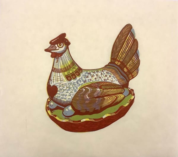 Mungo McCosh Staffordshire Hen, 2024 Triple plate linocut Paper: 36 x 36 cm Framed: 40 x 45 x 3 cm Edition of 100