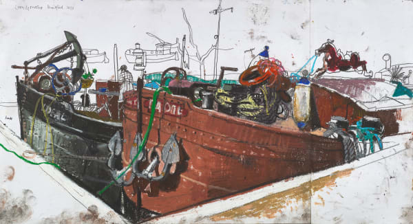 Leon Morrocco RSA Barges at Brentford, 2013 Pencil and oil pastel Artwork: 40 x 72.5 cm Framed: 60.5 x 95.5 cm