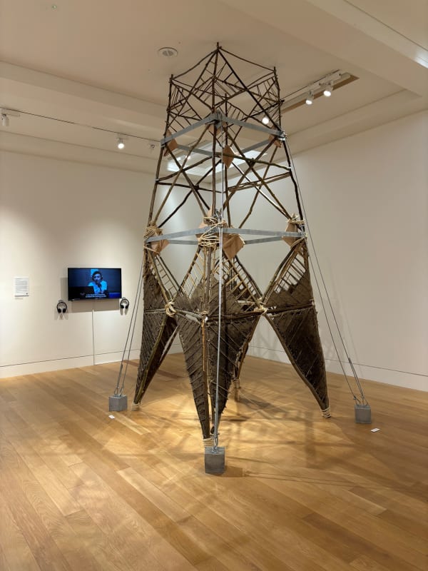 Felicity Saravia White La torre que alcanza al cielo (The tower that reaches the sky), 2024 Greenwood branches, bamboo, earth daub, sisal rope, galvanized steel rope and bars, concrete 190 x 190 x 386 cm