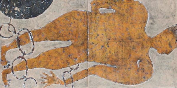 John Finlay 80%, 2024 Acrylic, pastel, plastic bags and staples on 9mm plywood (diptych) 120 x 240 x 10 cm